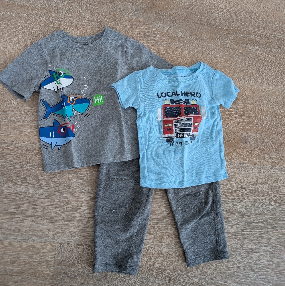 ✨4 for 12 24M Toddler Boy Bundle, 2 Shirts + Gray Pants Sharks & Fire Truck
